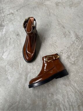Alberta Ferretti Brown Leather Ankle Boots with Gold Buckle 36.5 nwot